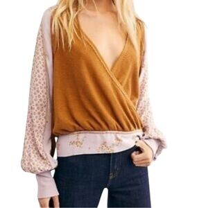 Free People Womens Cottagecore Waffle Knit Mixed Media Surplice M Balloon Sleeve